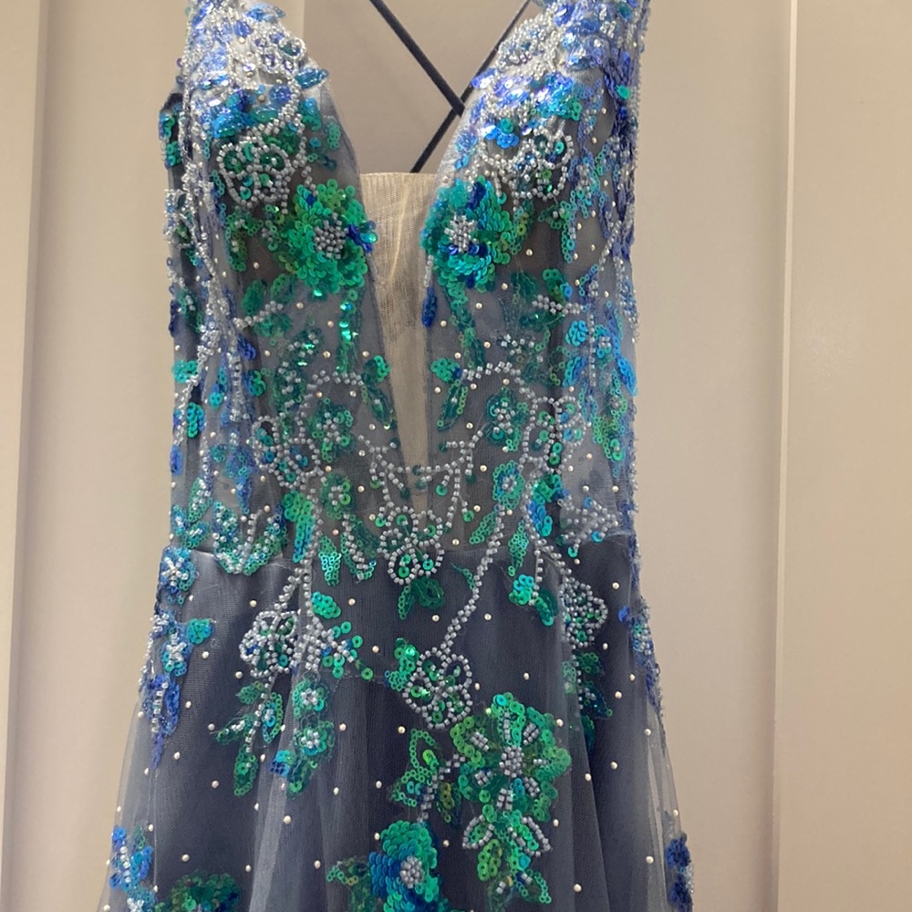Dusty Blue tulle prom gown. Amelia Couture. Size. 8